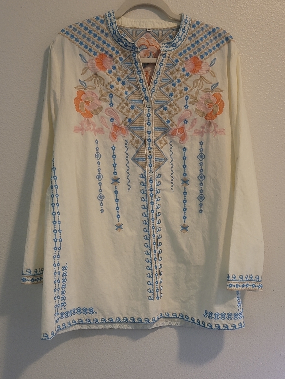 Embroidered Cream Boho Tunic with Blue & Coral Floral Accents